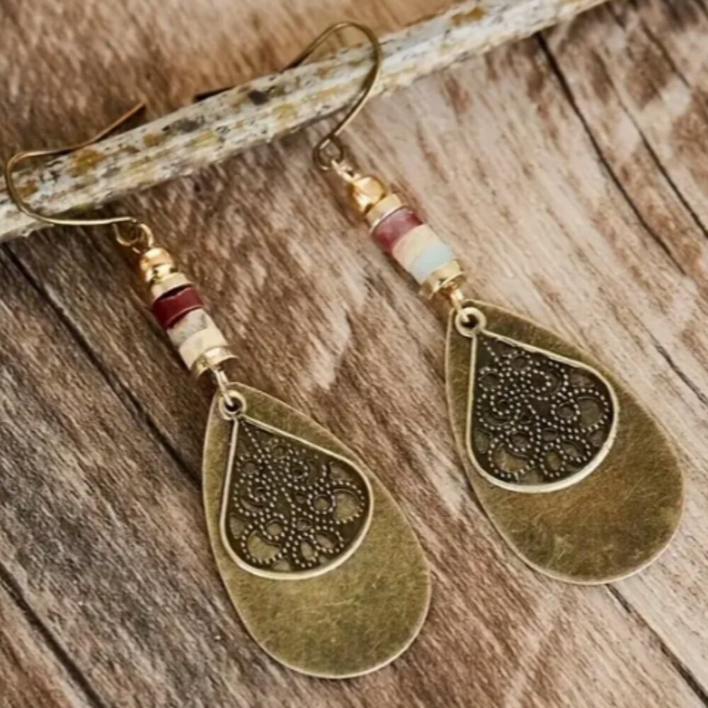 Retro Bohemian Intricate Carved Pattern - Drop Shape Dangle Earrings